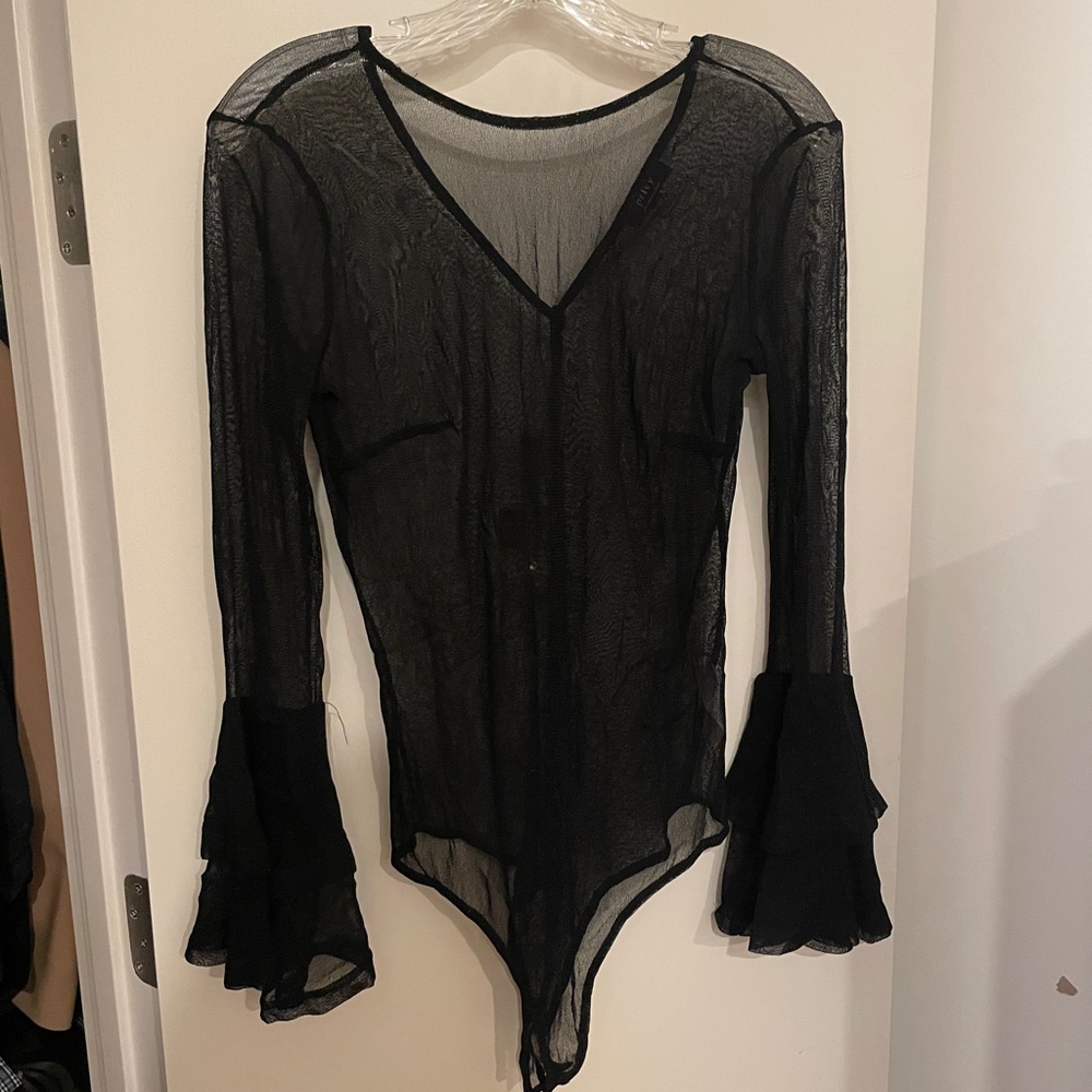 Privy Sheer Black Bell Sleeve Bodysuit